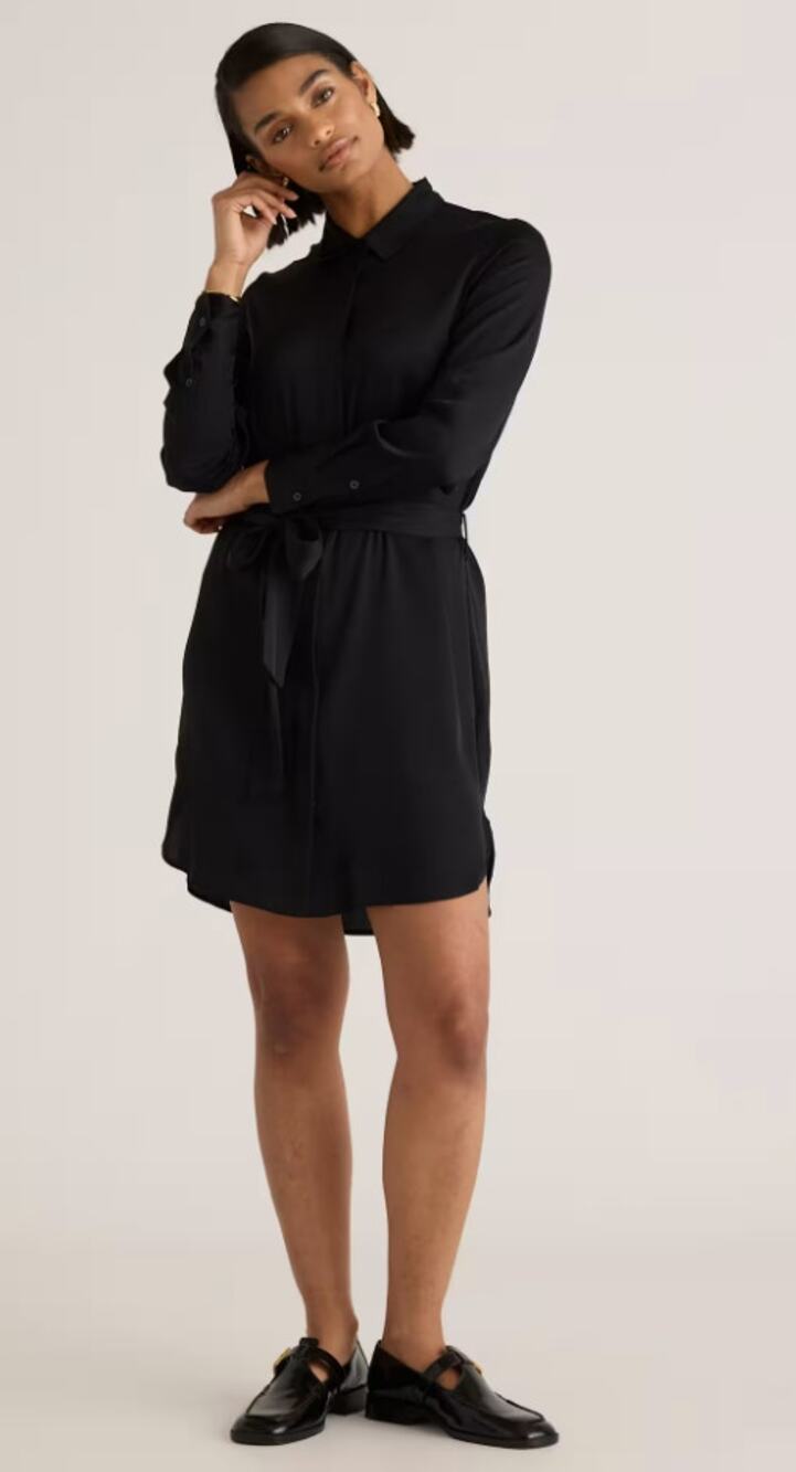 Quince Black Washable Silk Long Sleeve Shirt Dress Tie Waist Medium M